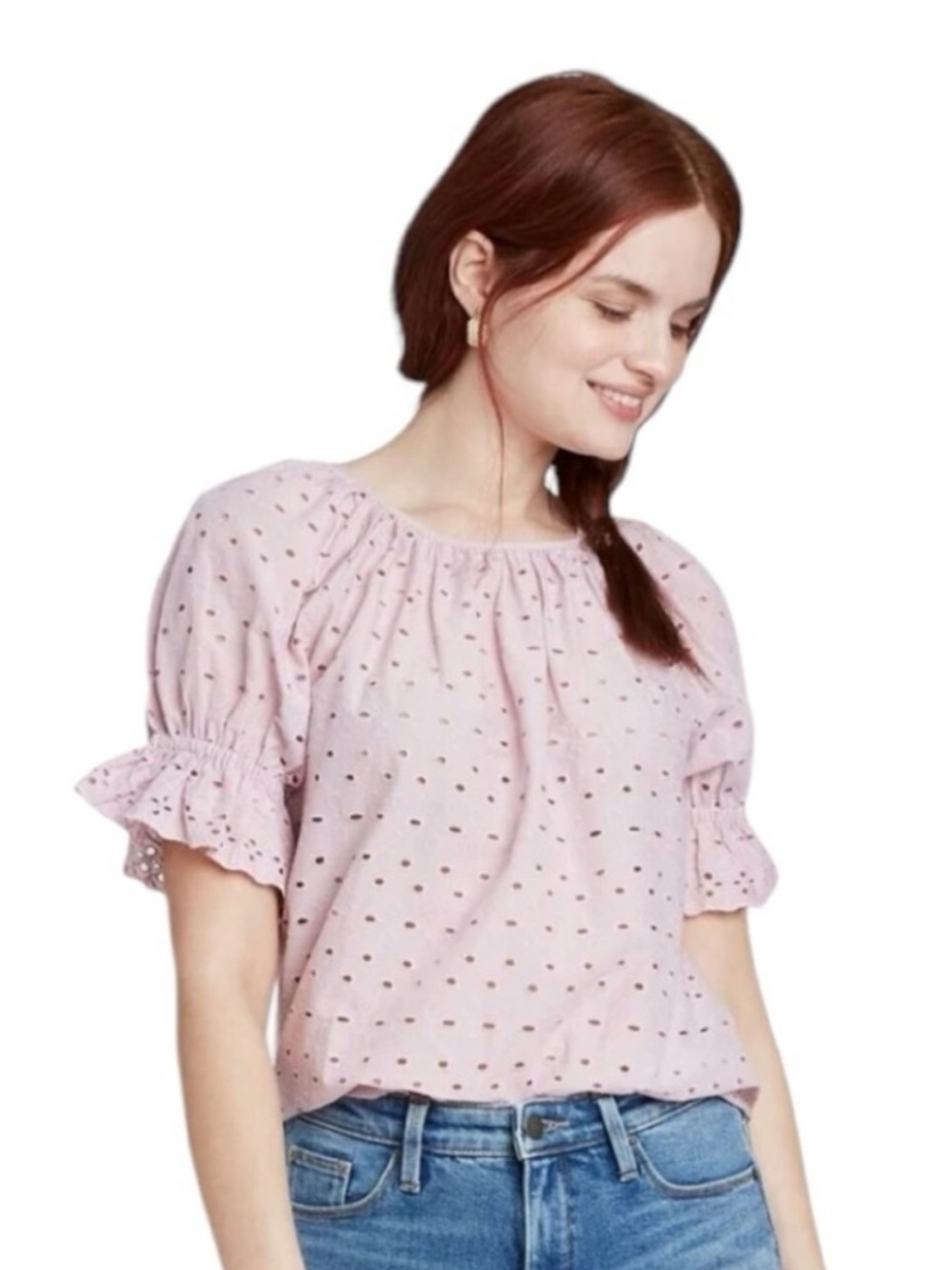 Universal Thread Blush Pink Eyelet Puff Sleeve Blouse Size XS